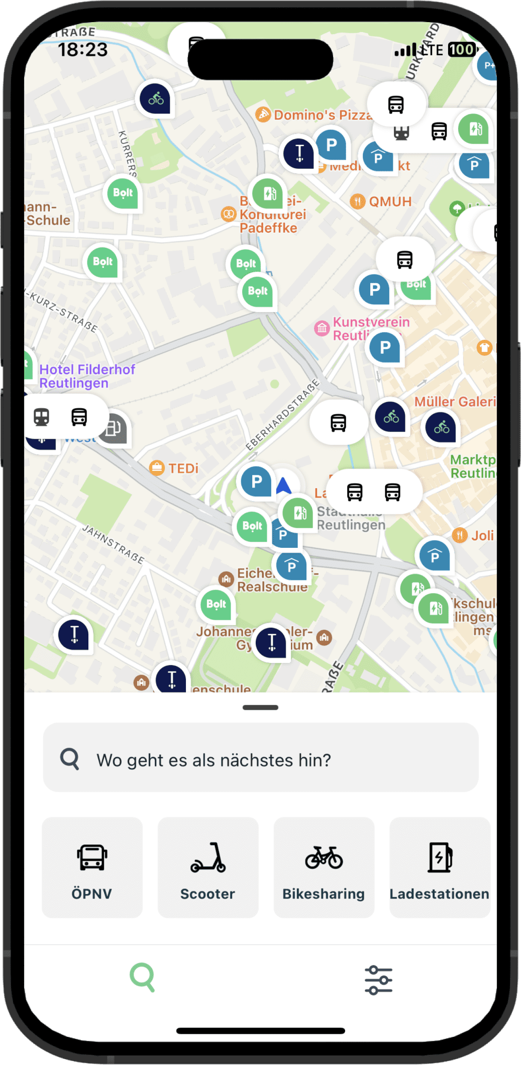 Erkunden Screen der Unbound Mobility App